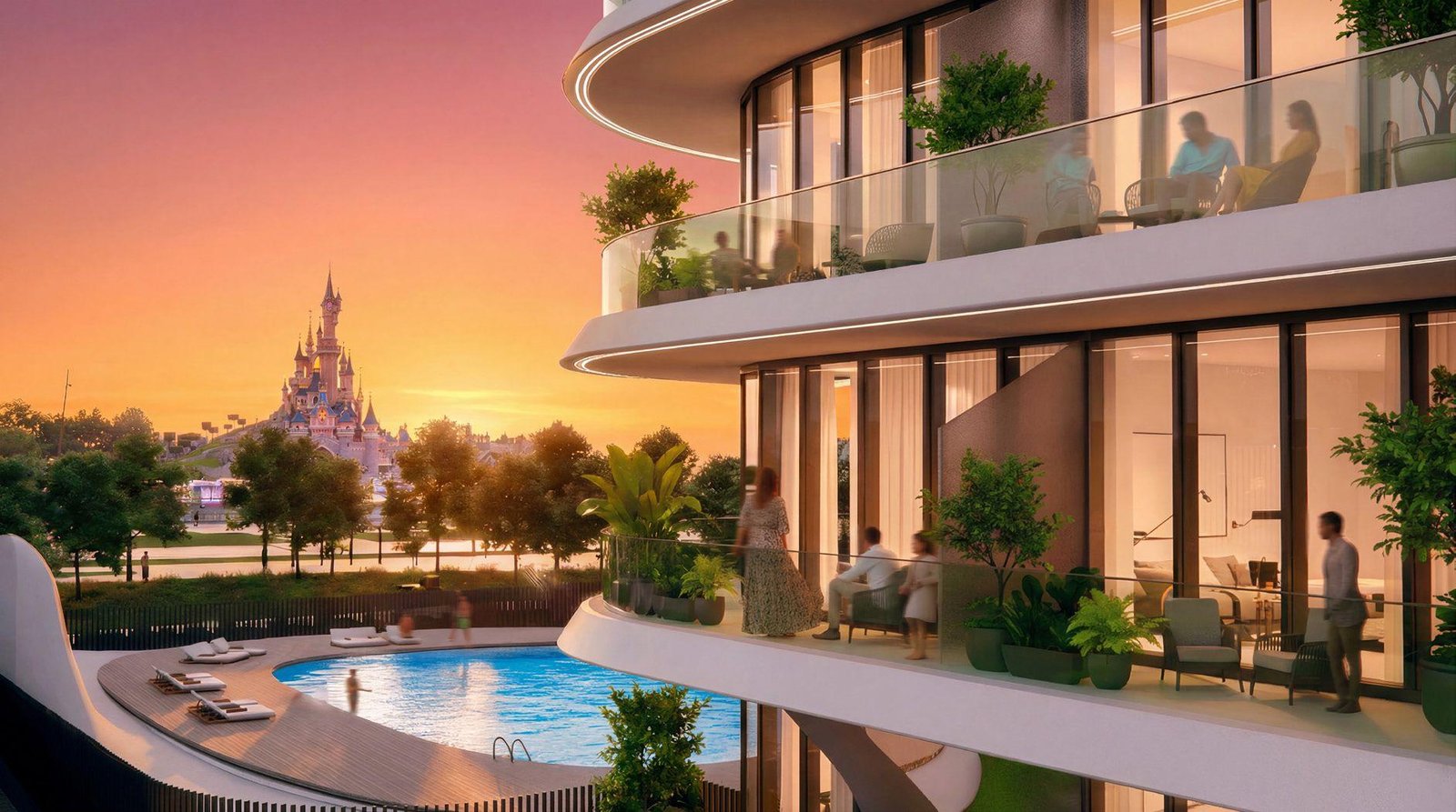 Sunset exterior of Novayas by NORD apartments highlighting contemporary architecture, private balconies, and serene Yas Island surroundings.